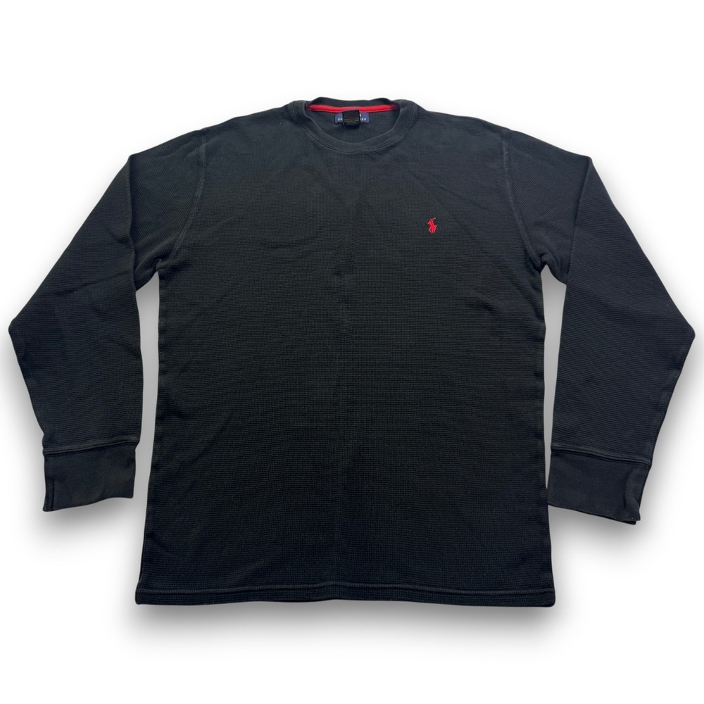 Polo Ralph Lauren Mens XL Black Waffle Knit Thermal Long Sleeve Red Pony Logo